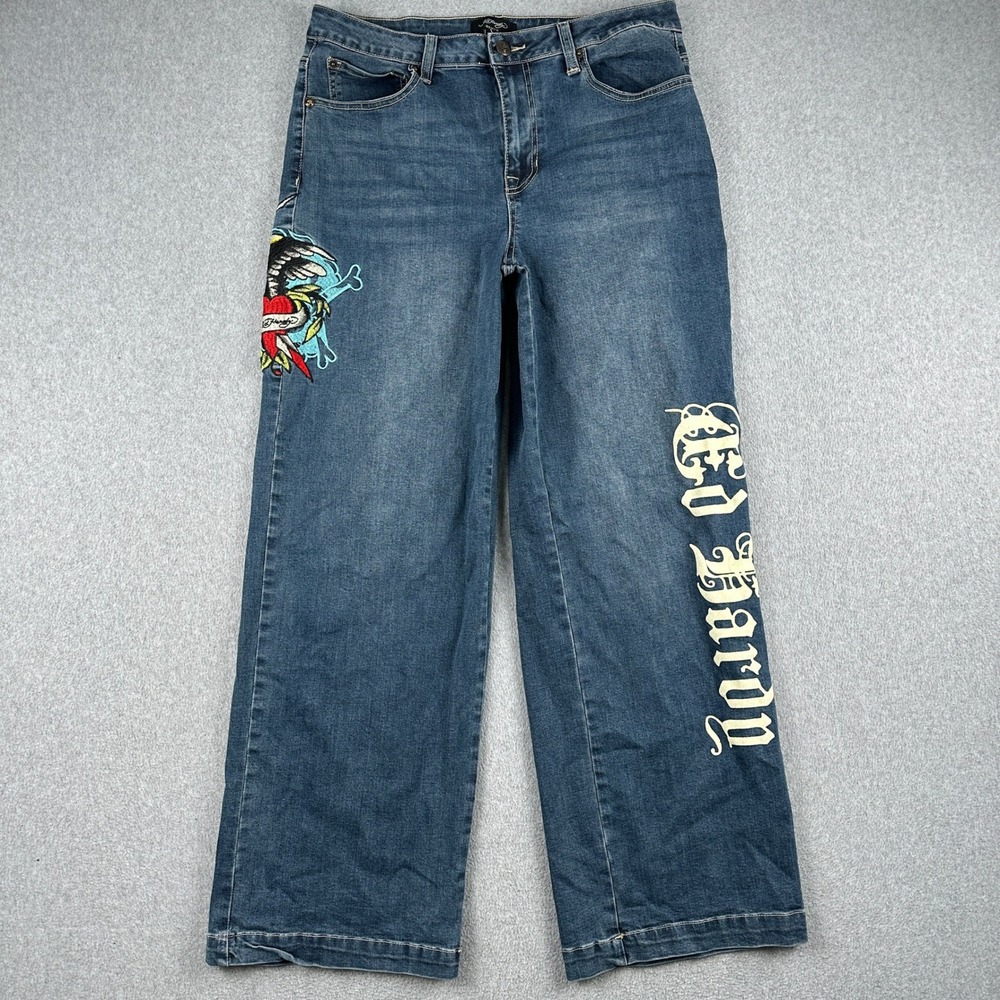 Ed Hardy Jeans Womens 32 Wide Leg Blue Tattoo Embroidered Graphic Streetwear